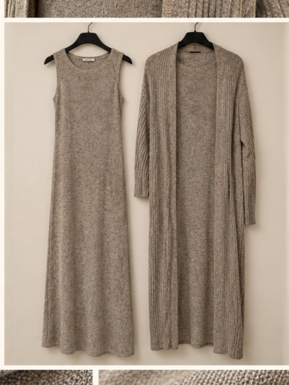 Zara Knit Linen Blend Maxi Dress & Long Cardigan 2 Piece Set Taupe Size M - Picture 2 of 9